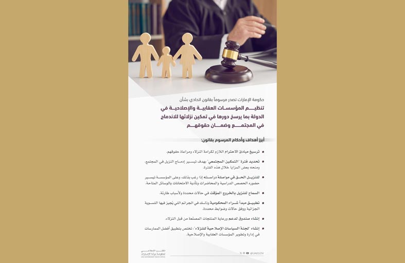 حكومة الإمارات تصدر مرسوما بقانون اتحادي بشأن تنظيم المؤسسات العقابية والإصلاحية في الدولة