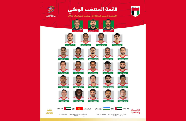 27 لاعباً في تشكيلة منتخب الإمارات لمواجهتي أوزبكستان وقيرغيزستان في تصفيات المونديال
