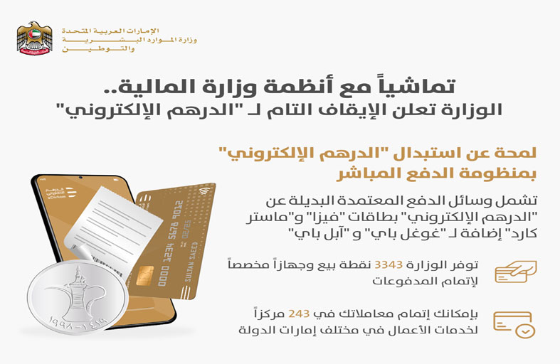 الموارد البشرية والتوطين تستبدل الدرهم الإلكتروني بصورة نهائية بوسائل الدفع المعتمدة في الدولة تماشياً مع أنظمة وزارة المالية