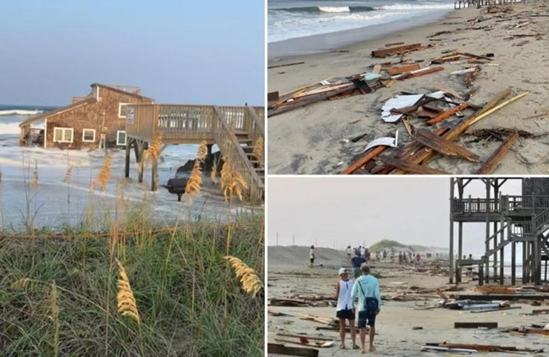 موجة تسحب منزلاً قرب الشاطئ