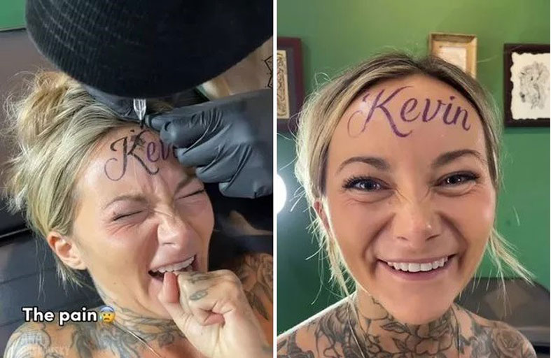 امرأة فخورة بـ«وشم» اسم حبيبها على جبينها