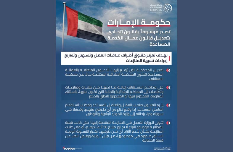 حكومة الإمارات تصدر مرسوما بقانون اتحادي بتعديل قانون عمال الخدمة المساعدة