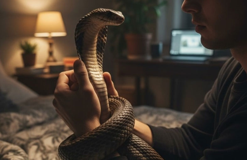 كوبرا تلدغ شاباً أمام الكاميرا