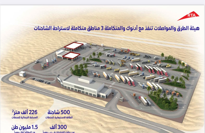 طرق دبي تنفذ مع أدنوك والمتكاملة 3 مناطق متكاملة لاستراحة الشاحنات تستوعب 500 شاحنة