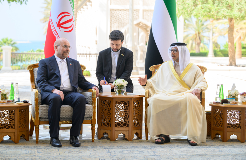 منصور بن زايد يستقبل رئيس مجلس الشورى الإيراني