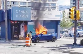 النار تلتهم سيارة تسلا وسائقها ينجو