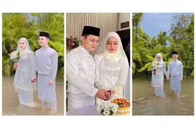 زفاف وسط الفيضان وإصرار على السعادة