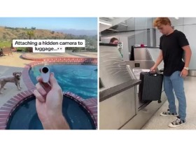 يثبّت كاميرا على حقيبته في المطار